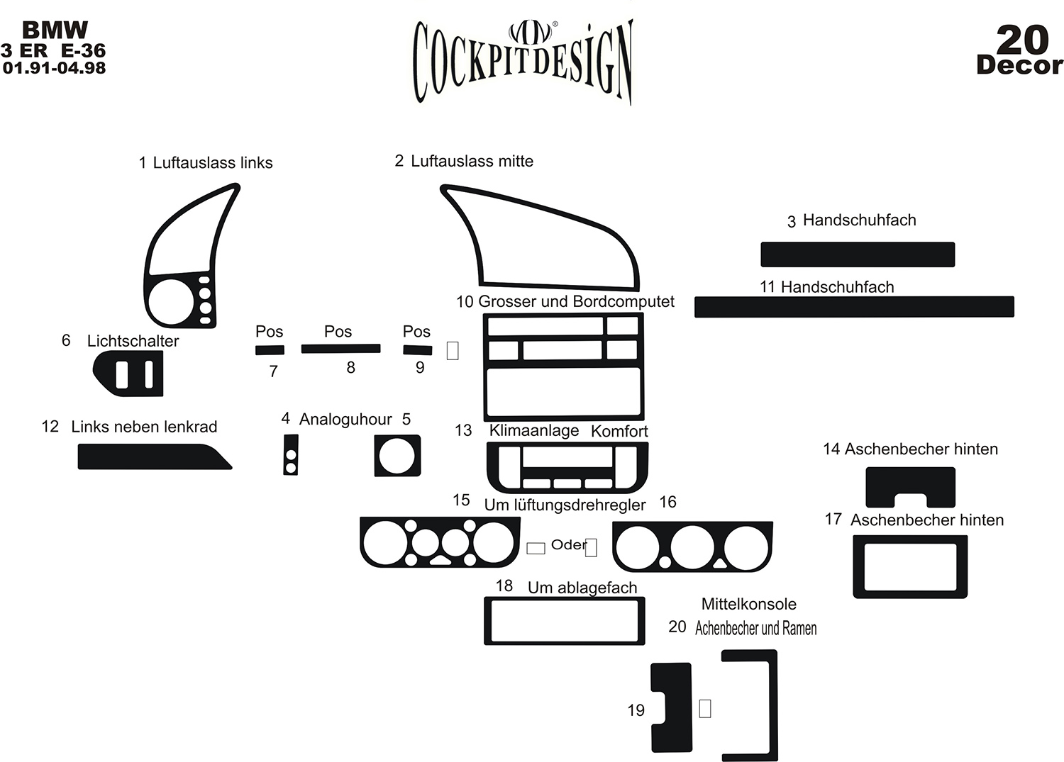 3D Cockpit Dekor für BMW 3-Serisi (E36) 01-1991-01/1999 20 Teile