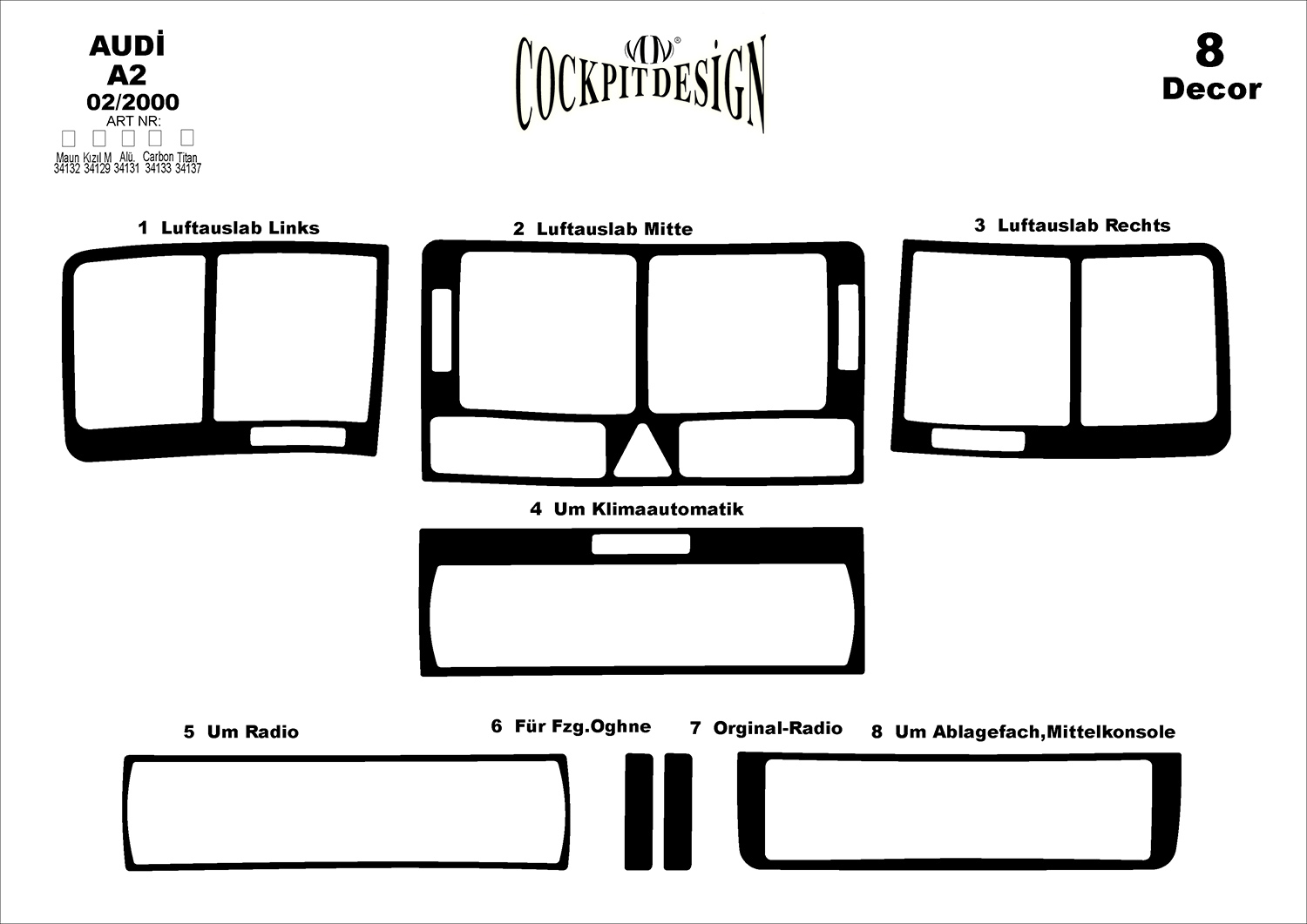 3D Cockpit Dekor für Audi A2 (8Z) 02/2000 8 Teile