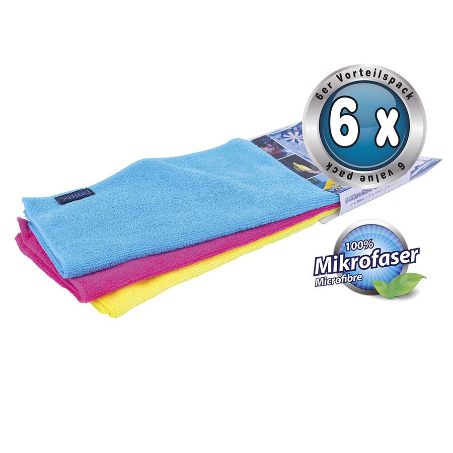 Mikrofaser Reinigungstuch, 6er Pack, ca. 40 x 30 cm, 2x rot, 2x gelb, 2x blau