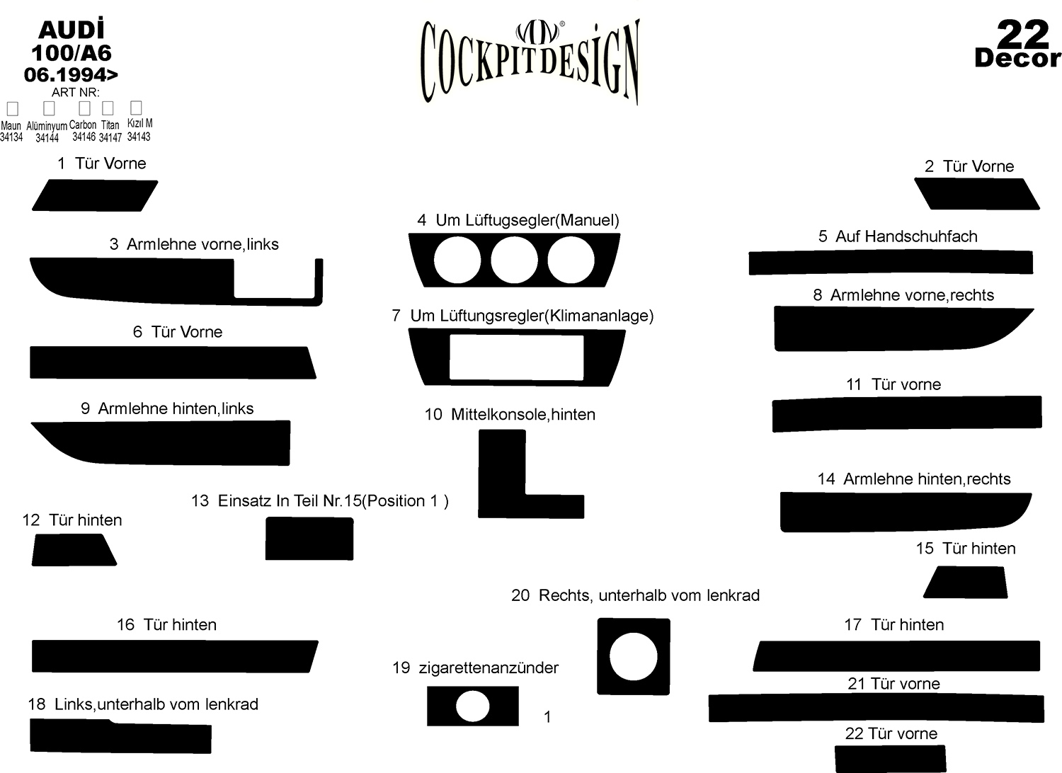 3D Cockpit Dekor für Audi 100 A6 03/1990- 03/1997 22 Teile