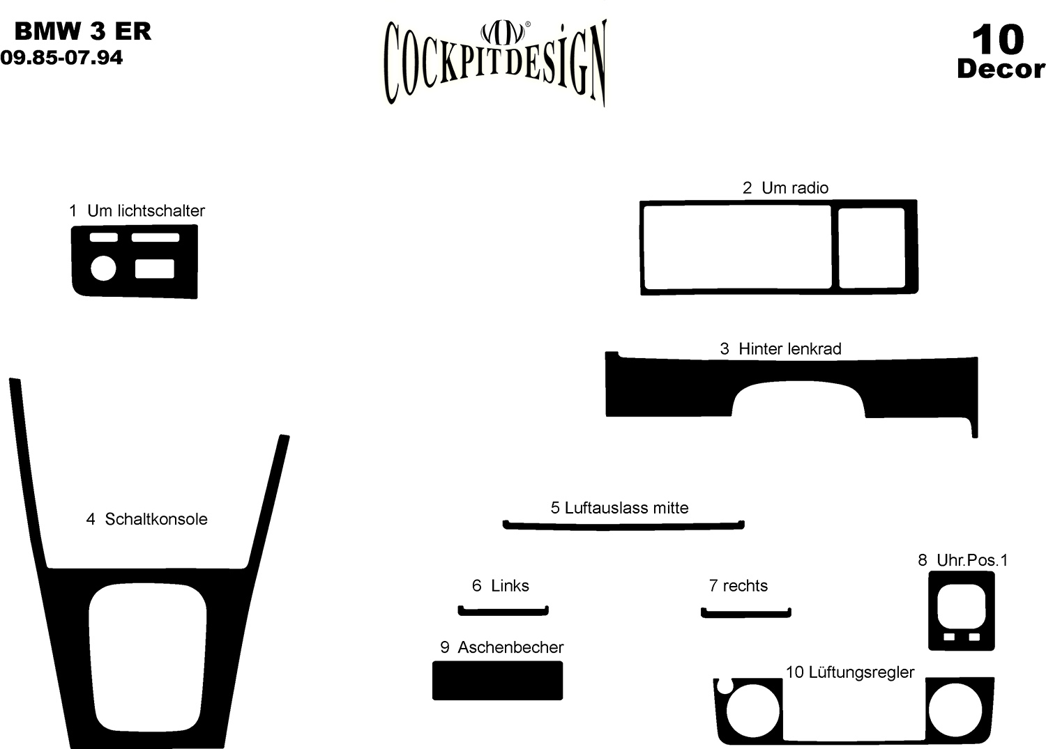 3D Cockpit Dekor für BMW 3-Serisi (E30) 09/1985- 07/1994 10 Teile