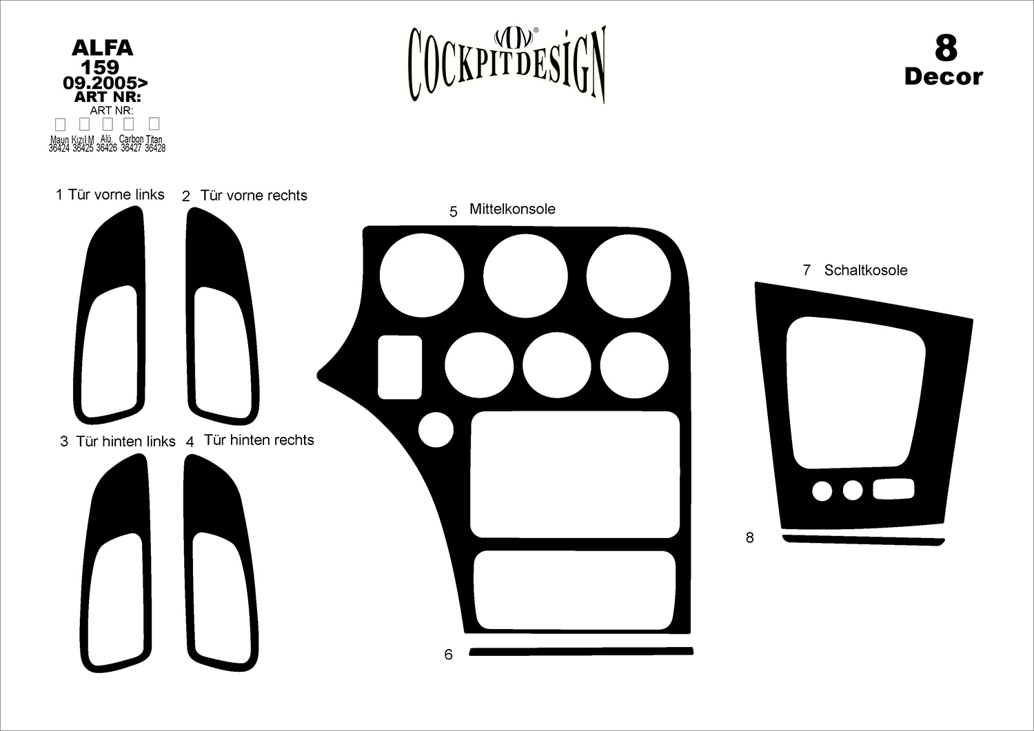 3D Cockpit Dekor für Alfa Romeo 159  09/2005 8 Teile (Farbe: WURZELHOLZ)