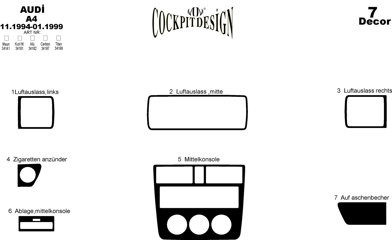 3D Cockpit Dekor für Audi A4 (B5) 11/1994 - 01/1999 7 Teile