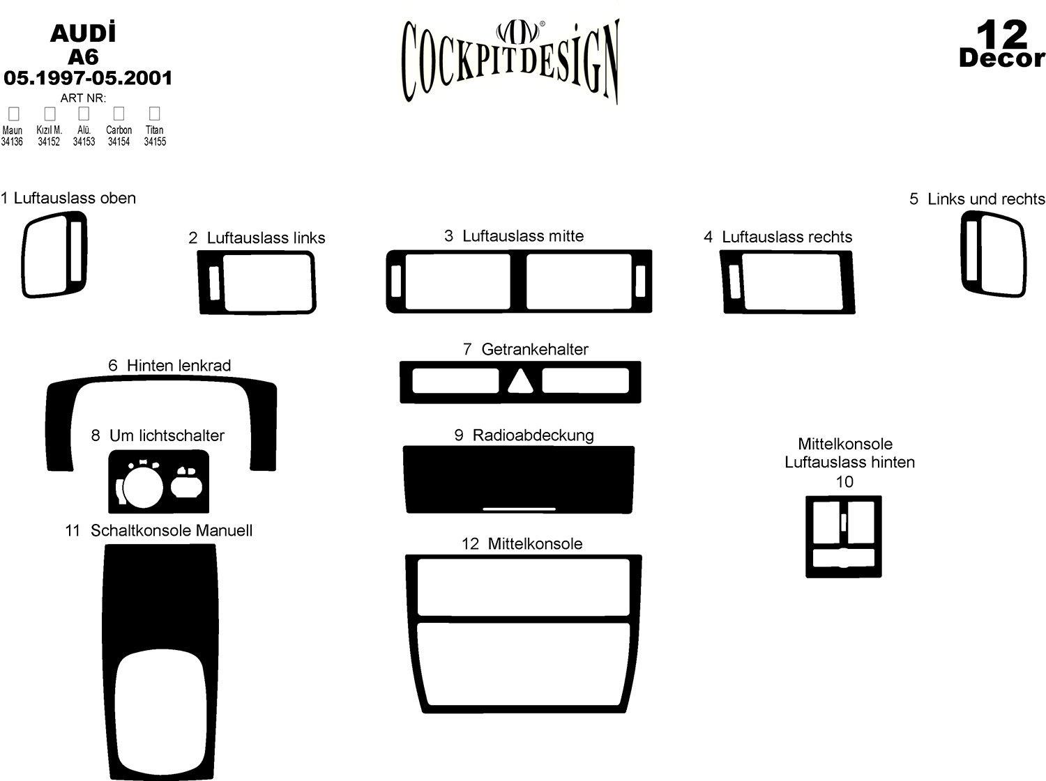 3D Cockpit Dekor für Audi A6 Otomatik (C5) 05/1997- 05/2001 12 Teile