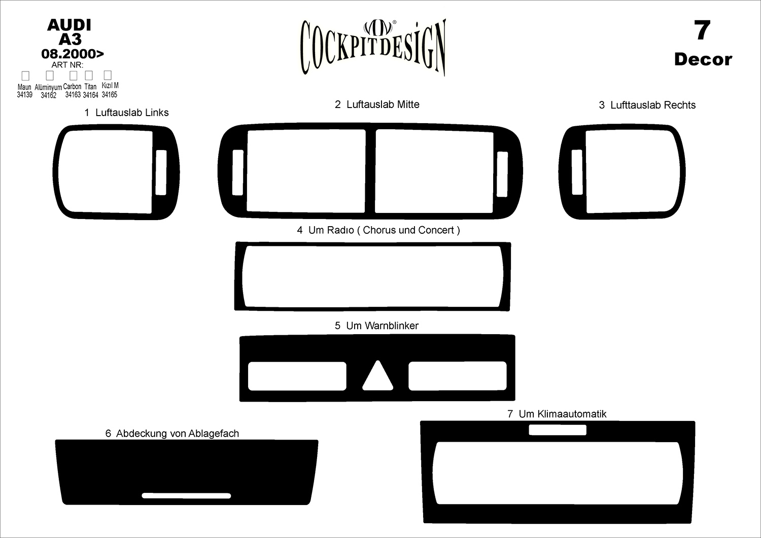 3D Cockpit Dekor für Audi A3 (8P) 08/2000- 03/2003 7 Teile