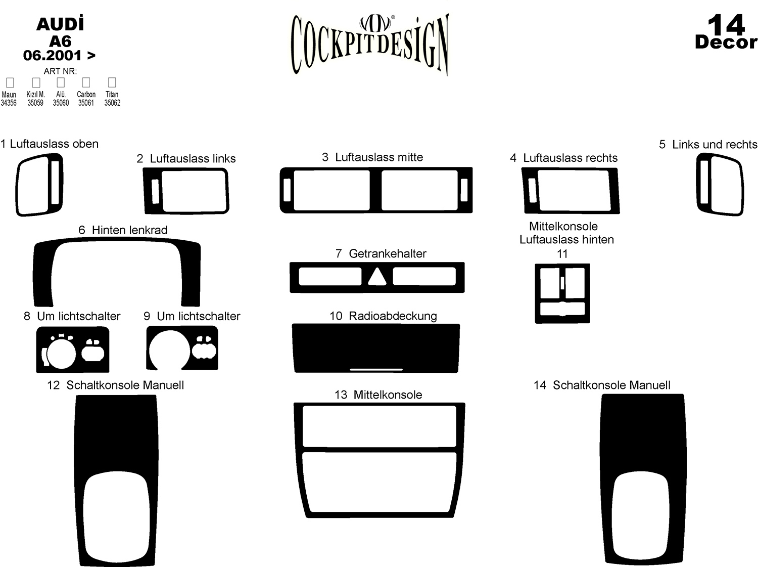 3D Cockpit Dekor für Audi A6 Manuel (C5) 06/2001- 12/2004 14 Teile