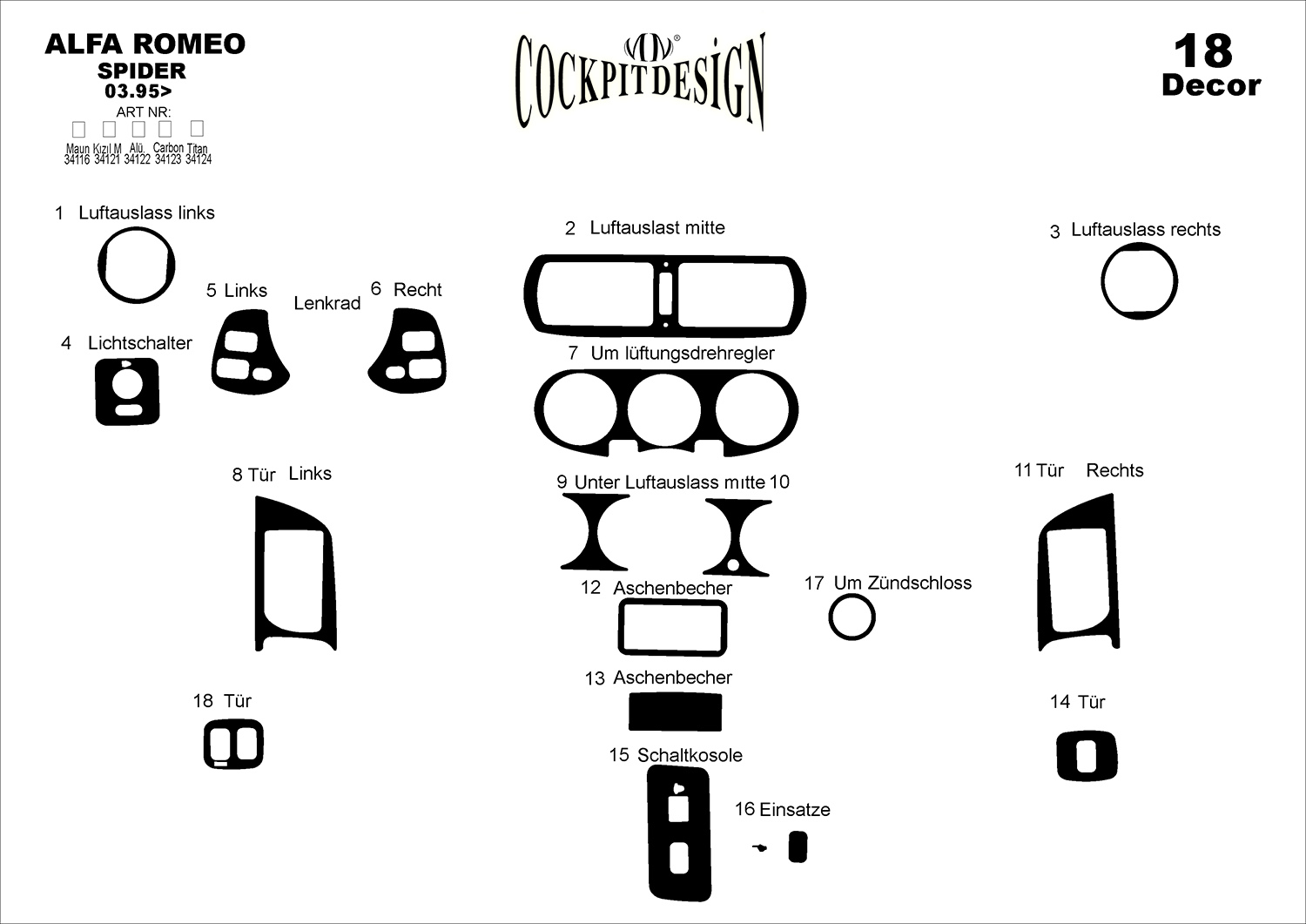 3D Cockpit Dekor für Alfa Romeo GTV Spider  05/1995 18 Teile (Farbe: WURZELHOLZ)