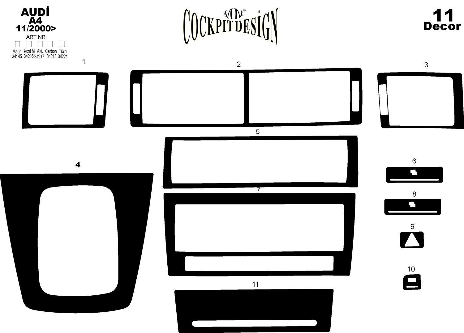 3D Cockpit Dekor für Audi A4 (8E) 10/2000 11 Teile