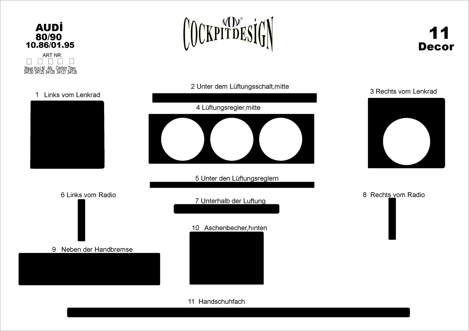 3D Cockpit Dekor für Audi 80/90 (B4) 10/1986 - 01/1995 11 Teile